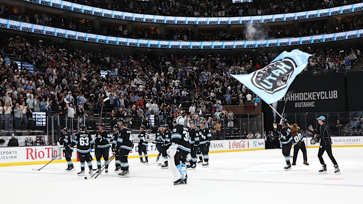 Oct 8, 2024; Salt Lake City, Utah, USA; The Utah Hockey Club celebrate a win over the Chicago Blackhawks at Delta Center. Mandatory Credit: Rob Gray-Imagn Images