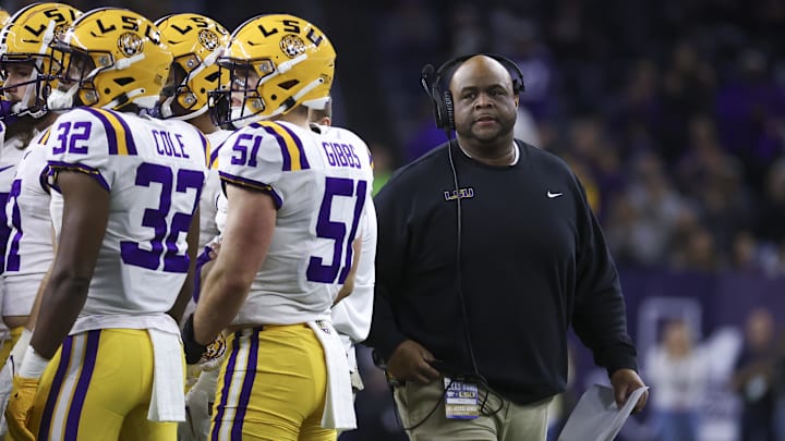 Jan 4, 2022; Houston, TX, USA; LSU Tigers interim head coach Brad Davis reacts during the third