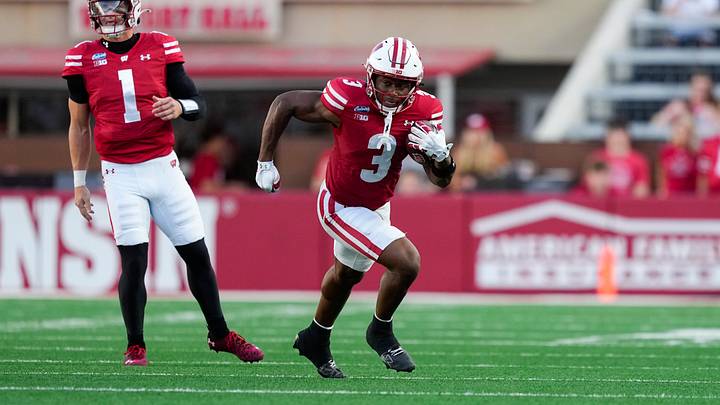 Sep 12, 2026; Madison, Wisconsin, USA;  Wisconsin Badgers running back Abu Sama III (3) during the game against the Western Illinois Leathernecks at Camp Randall Stadium. Mandatory Credit: Jeff Hanisch-Imagn Images