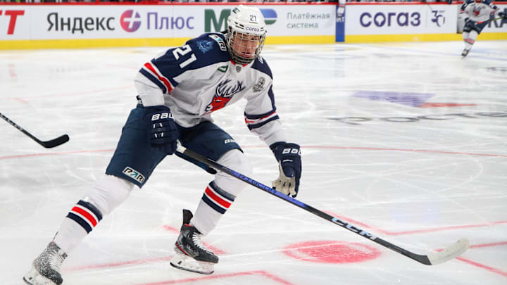 Torpedo Hockey Club player, Anton Silayev (21)  seen in