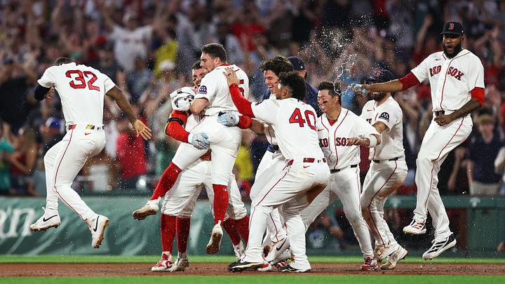 Jun 28, 2026; Boston, Massachusetts, USA; Boston Red Sox left fielder Jarren Duran (16) celebrates after hitting an RBI single during the tenth inning against the New York Yankees at Fenway Park. Mandatory Credit: Paul Rutherford-Imagn Images