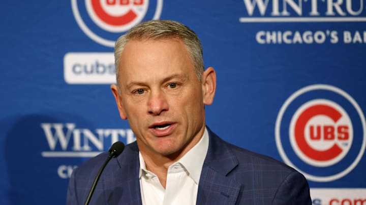 Jan 12, 2024; Chicago, IL, USA; Chicago Cubs president of baseball operations Jed Hoyer talks to the media after introducing pitcher Shota Imanaga (not pictured) during a press conference at Loews Chicago Hotel. 