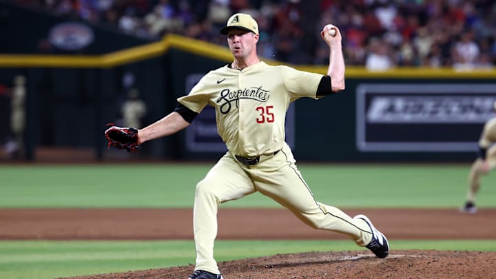 Jul 9, 2024; Phoenix, Arizona, USA; Arizona Diamondbacks pitcher Joe Mantiply against the Atlanta Braves at Chase Field. Mandatory Credit: Mark J. Rebilas-Imagn Images Jul 9, 2024; Phoenix, Arizona, USA; Arizona Diamondbacks pitcher Joe Mantiply against the Atlanta Braves at Chase Field. Mandatory Credit: Mark J. Rebilas-Imagn Images