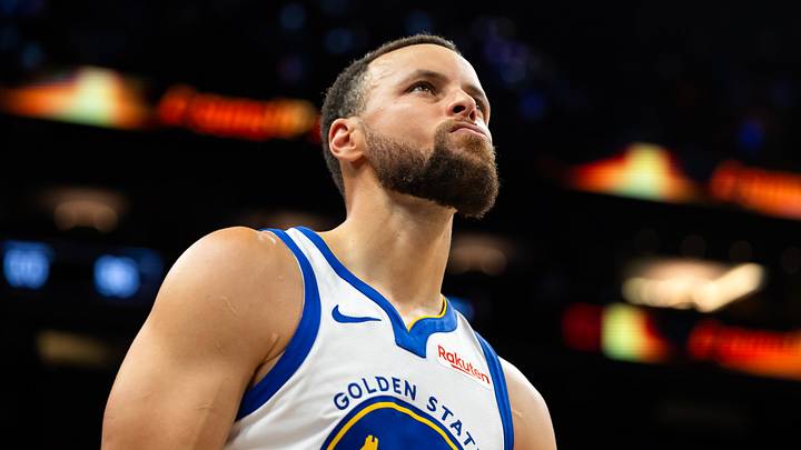 Apr 17, 2026; Phoenix, Arizona, USA; Golden State Warriors guard Stephen Curry (30) reacts against the Phoenix Suns during the play-in rounds of the 2026 NBA Playoffs at Mortgage Matchup Center. Mandatory Credit: Mark J. Rebilas-Imagn Images