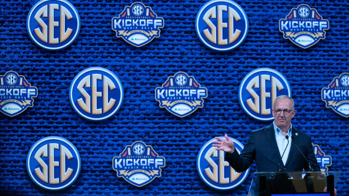 SEC Commissioner Greg Sankey kicks off the 2023 SEC Football Kickoff Media Days at the Nashville Grand Hyatt on Broadway, Monday, July 17, 2023. SEC Commissioner Greg Sankey kicks off the 2023 SEC Football Kickoff Media Days at the Nashville Grand Hyatt on Broadway, Monday, July 17, 2023.