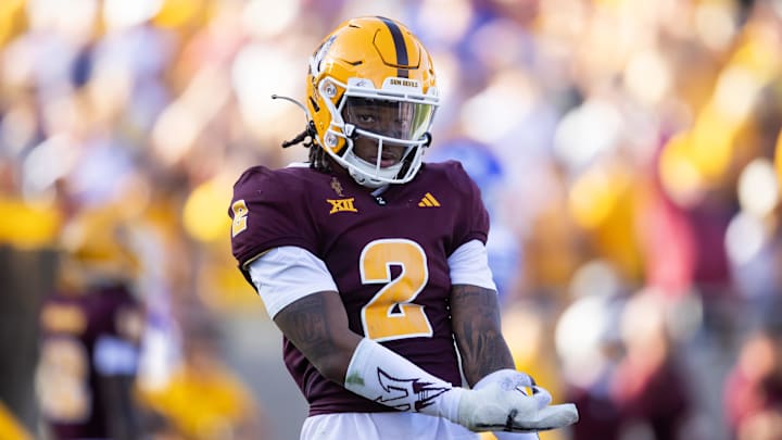 Nov 23, 2024; Tempe, Arizona, USA; Arizona State Sun Devils defensive back Xavion Alford (2) against the Brigham Young Cougars at Mountain America Stadium. Mandatory Credit: Mark J. Rebilas-Imagn Images
