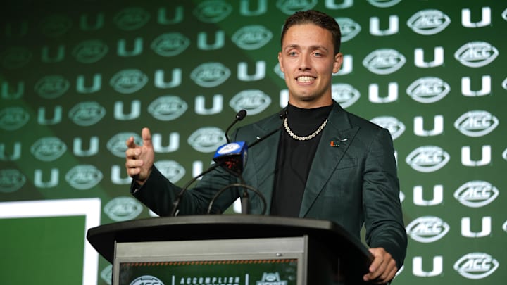 Jul 22, 2025; Charlotte, NC, USA; Miami quarterback Carson Beck answers questions from the media during ACC Media Days at Hilton Charlotte Uptown. Mandatory Credit: Jim Dedmon-Imagn Images