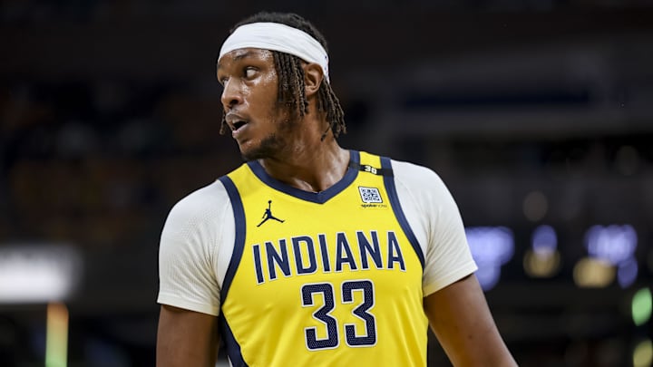 May 27, 2024; Indianapolis, Indiana, USA; Indiana Pacers center Myles Turner (33) during the first quarter during game four of the eastern conference finals for the 2024 NBA playoffs at Gainbridge Fieldhouse. Mandatory Credit: Trevor Ruszkowski-Imagn Images
