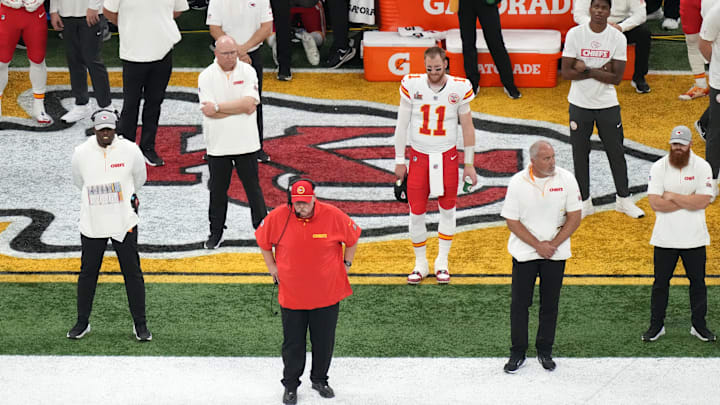 Feb 9, 2025; New Orleans, LA, USA; Kansas City Chiefs head coach Andy Reid before Super Bowl LIX against the Philadelphia Eagles at Caesars Superdome. Mandatory Credit: Kirby Lee-Imagn Images