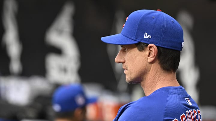Jul 25, 2025; Chicago, Illinois, USA;  Chicago Cubs manager Craig Counsell (11) looks on before the game against the Chicago White Sox at Rate Field. 