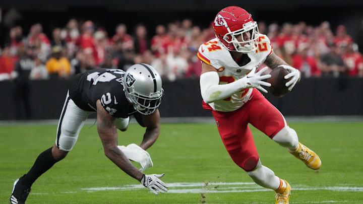 Nov 26, 2023; Paradise, Nevada, USA; Kansas City Chiefs wide receiver Skyy Moore (24) carries the ball against Las Vegas Raiders cornerback Marcus Peters (24) in the first half at Allegiant Stadium. Mandatory Credit: Kirby Lee-Imagn Images Nov 26, 2023; Paradise, Nevada, USA; Kansas City Chiefs wide receiver Skyy Moore (24) carries the ball against Las Vegas Raiders cornerback Marcus Peters (24) in the first half at Allegiant Stadium. Mandatory Credit: Kirby Lee-Imagn Images