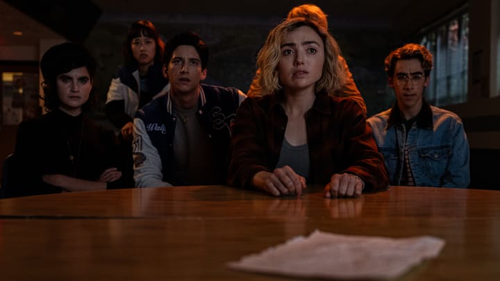 L-R: Sarah Yarkin as Rhonda, Ci Hang Ma as Quinn, Milo Manheim as Wally Clark, Peyton List as Maddie Nears and Nick Pugliese as Charley in School Spirits, episode 7, season 2, streaming on Paramount+, 2025