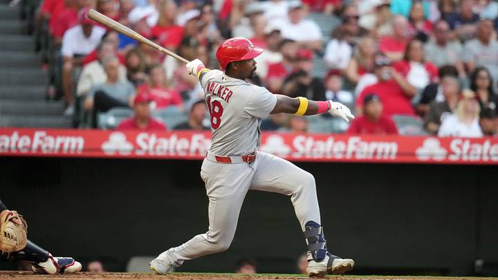 Jul 20, 2026; Anaheim, California, USA; St. Louis Cardinals right fielder Jordan Walker (18) hits a double in the second inning against the Los Angeles Angels at Angel Stadium. Mandatory Credit: Kirby Lee-Imagn Images