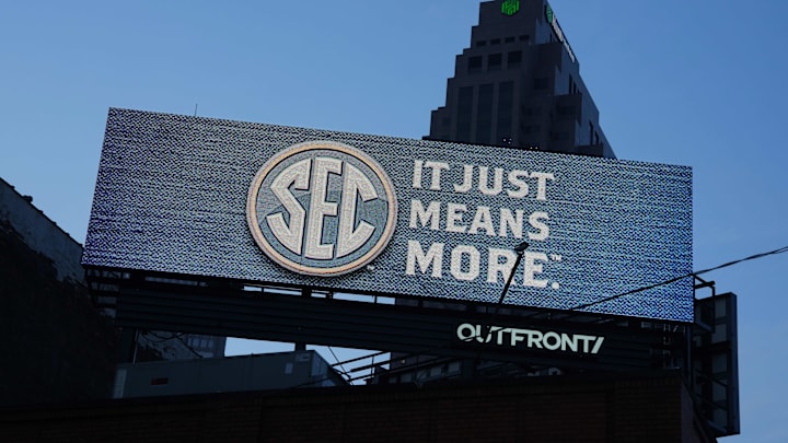 Apr 4, 2024; Cleveland, OH, USA; A SEC logo billboard prior to the NCAA Women's Final Four. Mandatory Credit: Kirby Lee-USA TODAY Sports