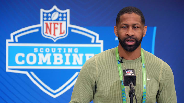 Feb 25, 2025; Indianapolis, IN, USA; Cleveland Browns general manager Andrew Berry speaks during the NFL Scouting Combine at the Indiana Convention Center. Mandatory Credit: Kirby Lee-Imagn Images
