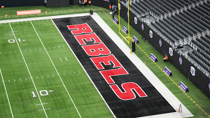 The UNLV Rebels logo in the end zone is seen before the Mountain West Championship between the Boise State Broncos and the UNLV Rebels at Allegiant Stadium. Mandatory Credit: Kirby Lee-Imagn Images