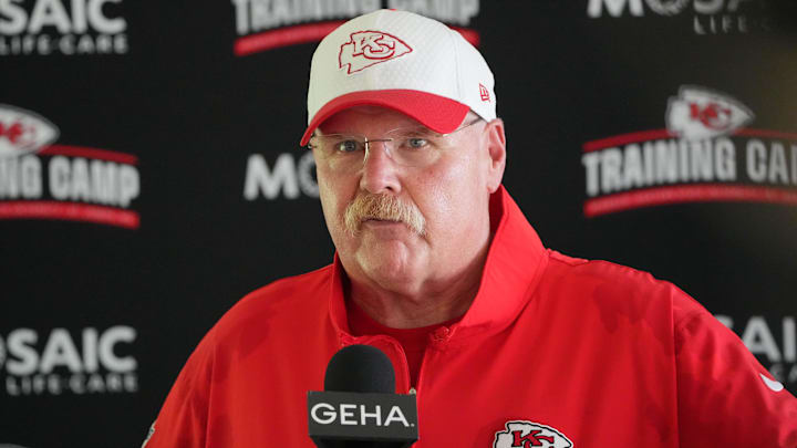 Jul 26, 2024; Kansas City, MO, USA; Kansas City Chiefs head coach Andy Reid talks to media after training camp at Missouri Western State University. Mandatory Credit: Denny Medley-Imagn Images