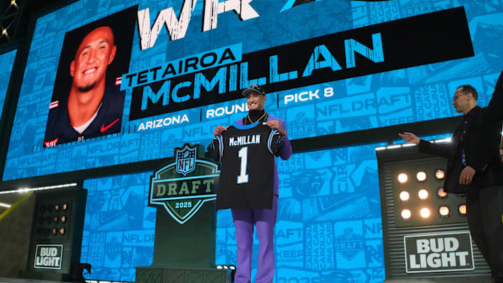 Apr 24, 2025; Green Bay, WI, USA; Arizona Wildcats wide receiver Tetairoa McMillan is selected by the Carolina Panthers as the number eight pick  in the first round of the 2025 NFL Draft at Lambeau Field. Mandatory Credit: Kirby Lee-Imagn Images