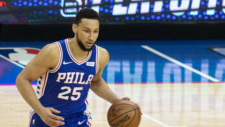 Jun 8, 2021; Philadelphia, Pennsylvania, USA; Philadelphia 76ers guard Ben Simmons (25) dribbles the ball against the Atlanta Hawks during the first quarter in game two of the second round of the 2021 NBA Playoffs at Wells Fargo Center. Mandatory Credit: Bill Streicher-Imagn Images