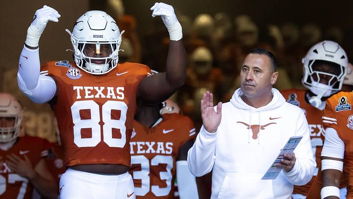Dec 21, 2024; Austin, Texas, USA; Texas Longhorns head coach Steve Sarkisian and linebacker Barryn Sorrell