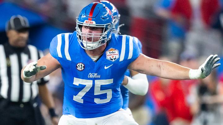 Jan 8, 2026; Glendale, AZ, USA; Rebels offensive lineman Patrick Kutas (75) against the Miami Hurricanes during the 2026 Fiesta Bowl and semifinal game of the College Football Playoff at State Farm Stadium. Mandatory Credit: Mark J. Rebilas-Imagn Images Jan 8, 2026; Glendale, AZ, USA; Rebels offensive lineman Patrick Kutas (75) against the Miami Hurricanes during the 2026 Fiesta Bowl and semifinal game of the College Football Playoff at State Farm Stadium. Mandatory Credit: Mark J. Rebilas-Imagn Images