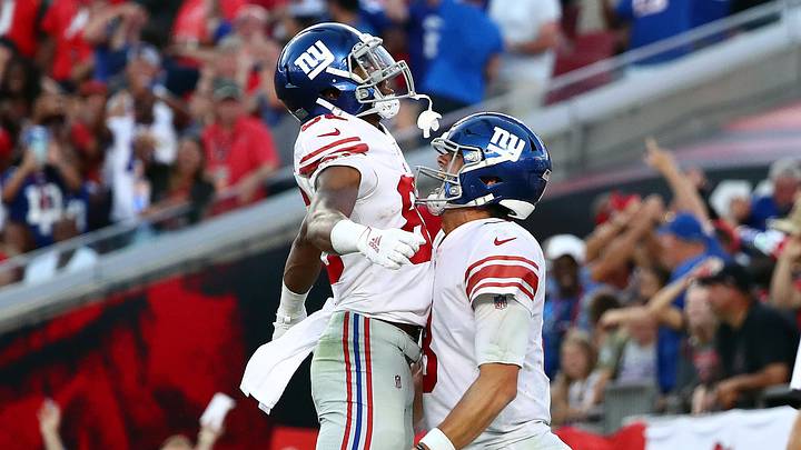 Sep 22, 2019; Tampa, FL, USA; New York Giants quarterback Daniel Jones (8) is congratulated by wide receiver Darius Slayton (86) after running the ball in for the game winning touchdown against the Tampa Bay Buccaneers during the second half at Raymond James Stadium. Mandatory Credit: Kim Klement-USA TODAY Sports Sep 22, 2019; Tampa, FL, USA; New York Giants quarterback Daniel Jones (8) is congratulated by wide receiver Darius Slayton (86) after running the ball in for the game winning touchdown against the Tampa Bay Buccaneers during the second half at Raymond James Stadium. Mandatory Credit: Kim Klement-USA TODAY Sports