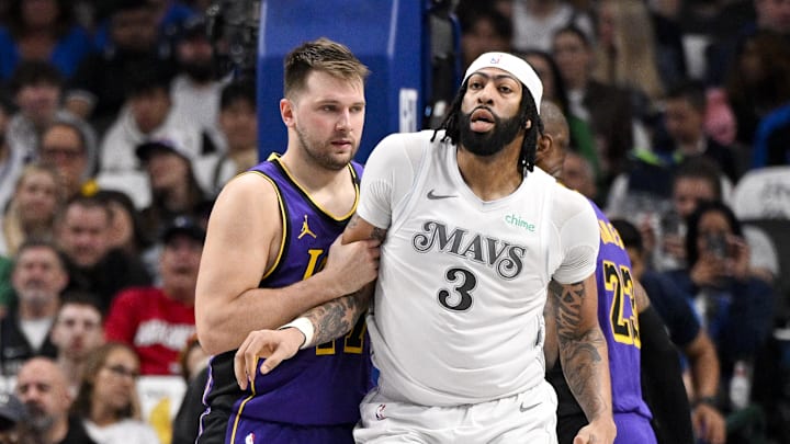 Apr 9, 2025; Dallas, Texas, USA; Los Angeles Lakers guard Luka Doncic (77) and Dallas Mavericks forward Anthony Davis (3) in action during the game between the Dallas Mavericks and the Los Angeles Lakers at American Airlines Center. Mandatory Credit: Jerome Miron-Imagn Images