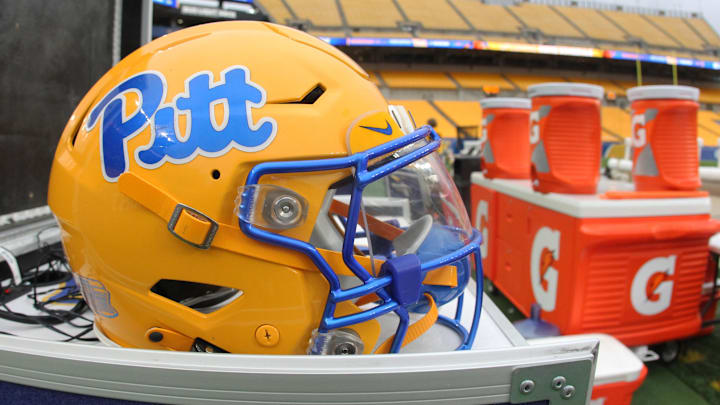 Nov 16, 2024; Pittsburgh, Pennsylvania, USA;  A Pittsburgh Panthers helmet on the sidelines against the Clemson Tigers at Acrisure Stadium. Mandatory Credit: Charles LeClaire-Imagn Images