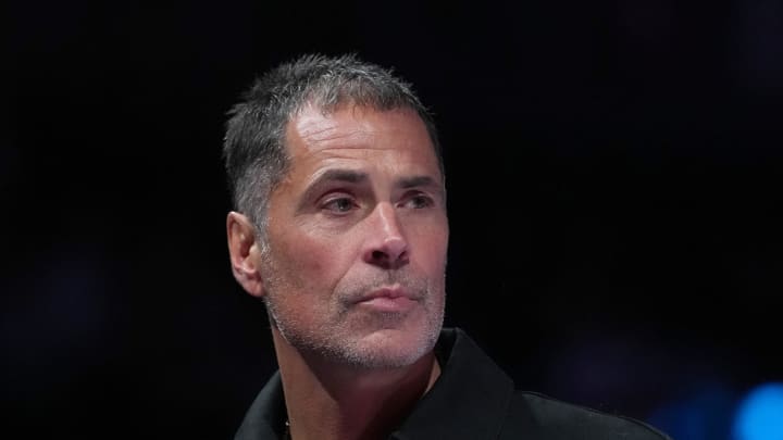 Dec 9, 2023; Las Vegas, Nevada, USA; Los Angeles Lakers general manager Rob Pelinka looks on before the in season tournament championship final against the Indiana Pacers at T-Mobile Arena. Mandatory Credit: Kyle Terada-USA TODAY Sports