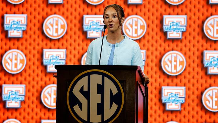 Oct 13, 2026; Birmingham, AL, USA; Tennessee Volunteers head coach Kim Caldwell speaks during the SEC Basketball Tipoff at Grand Bohemian Hotel Mountain Brook. Mandatory Credit: Butch Dill-Imagn Images Oct 13, 2026; Birmingham, AL, USA; Tennessee Volunteers head coach Kim Caldwell speaks during the SEC Basketball Tipoff at Grand Bohemian Hotel Mountain Brook. Mandatory Credit: Butch Dill-Imagn Images