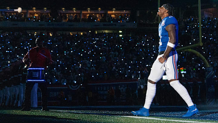 Sep 26, 2024; East Rutherford, NJ, US; New York Giants wide receiver Malik Nabers (1) walks onto the field before the start of the game at MetLife Stadium.  