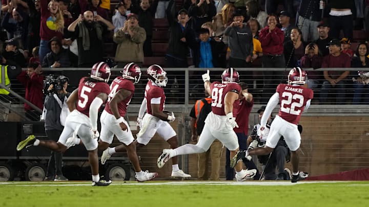 Sep 13, 2025; Stanford, California, USA; Stanford Cardinal cornerback Collin Wright (center left) celebrates with teammates after returning an interception for a touchdown against the Boston College Eagles during the second quarter at Stanford Stadium. Mandatory Credit: Darren Yamashita-Imagn Images