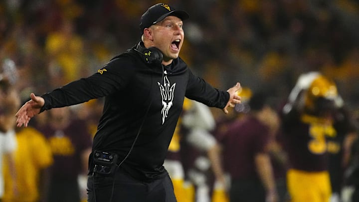 Arizona State head coach Kenny Dillingham yells to his team as they play against NAU during a game at Mountain America Stadium in Tempe on Aug. 30, 2025.