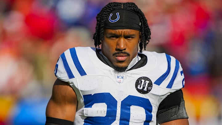Nov 23, 2025; Kansas City, Missouri, USA; Indianapolis Colts safety Nick Cross (20) during warmups prior to a game against the Kansas City Chiefs at GEHA Field at Arrowhead Stadium. Mandatory Credit: Jay Biggerstaff-Imagn Images