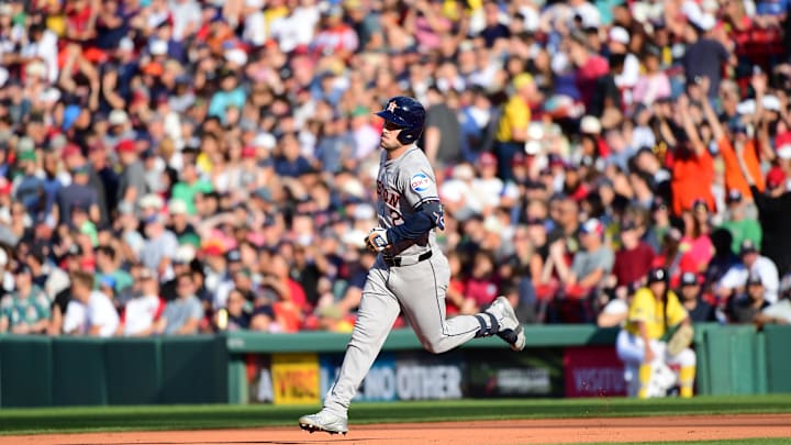 Aug 10, 2024; Boston, Massachusetts, USA;  Houston Astros third baseman Alex Bregman (2) rounds the bases after hitting a home run during the seventh inning against the Boston Red Sox at Fenway Park. Mandatory Credit: Bob DeChiara-Imagn Images