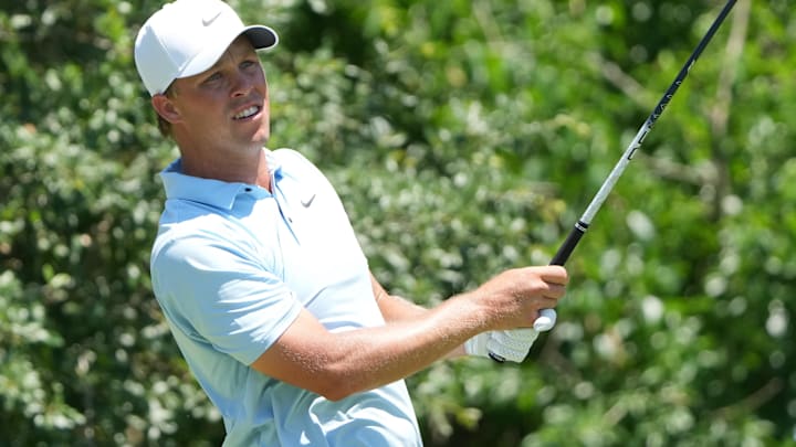May 23, 2025; Fort Worth, Texas, USA; Nick Hardy watches his shot from the ninth tee during the second round of the Charles Schwab Challenge golf tournament. Mandatory Credit: Jim Cowsert-Imagn Images