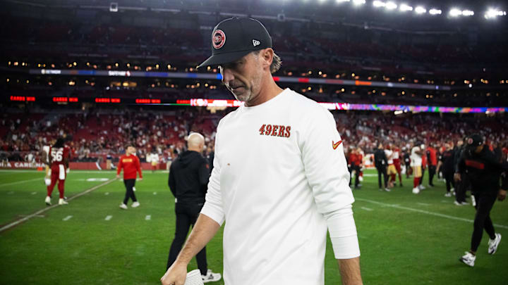 Jan 5, 2025; Glendale, Arizona, USA; San Francisco 49ers head coach Kyle Shanahan reacts after losing to the Arizona Cardinals at State Farm Stadium. Mandatory Credit: Mark J. Rebilas-Imagn Images