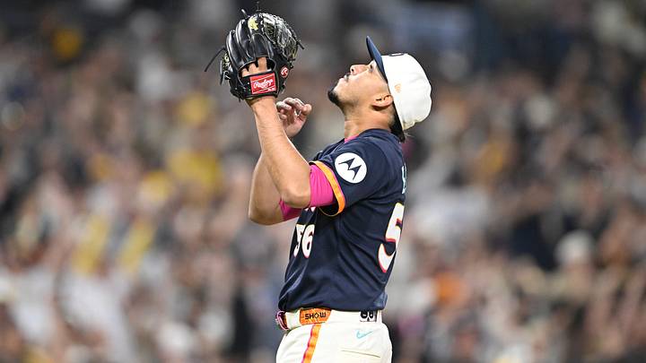 May 22, 2026; San Diego, California, USA; San Diego Padres pitcher Jeremiah Estrada (56) looks skyward after the Padres beat the Athletics at Petco Park. Mandatory Credit: Denis Poroy-Imagn Images May 22, 2026; San Diego, California, USA; San Diego Padres pitcher Jeremiah Estrada (56) looks skyward after the Padres beat the Athletics at Petco Park. Mandatory Credit: Denis Poroy-Imagn Images