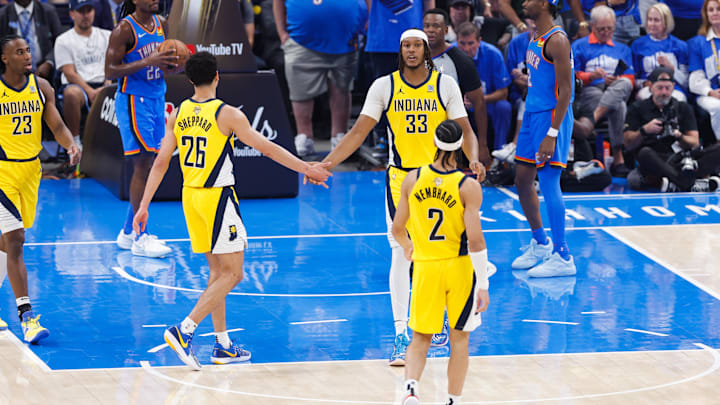 Jun 22, 2025; Oklahoma City, Oklahoma, USA; Indiana Pacers center Myles Turner (33) high fives Indiana Pacers guard Ben Sheppard (26) during the first half of game seven of the 2025 NBA Finals against the Oklahoma City Thunder at Paycom Center. Mandatory Credit: Alonzo Adams-Imagn Images Jun 22, 2025; Oklahoma City, Oklahoma, USA; Indiana Pacers center Myles Turner (33) high fives Indiana Pacers guard Ben Sheppard (26) during the first half of game seven of the 2025 NBA Finals against the Oklahoma City Thunder at Paycom Center. Mandatory Credit: Alonzo Adams-Imagn Images