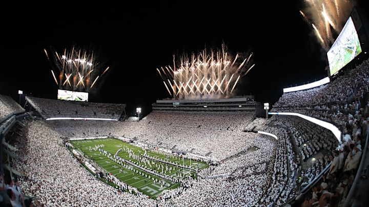 Fireworks are seen over an announced crowd of 111,015 during a White Out game between the Penn State Nittany Lions and the Oregon Ducks at Beaver Stadium. 