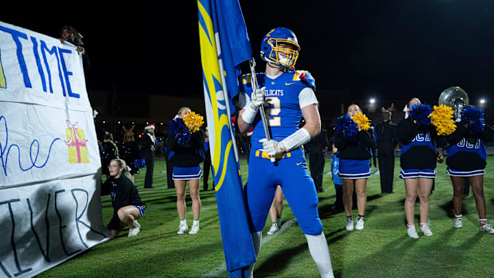 DCA's Carson Sneed (2) leads his team before their Division II-A playoff game against Tipton-Rosemark Academy at Donelson Christian Academy in Nashville, Tenn., Friday, Nov. 8, 2024.