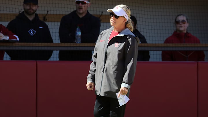 Oklahoma coach Patty Gasso looks on during a contest against Kentucky at Love's Field.