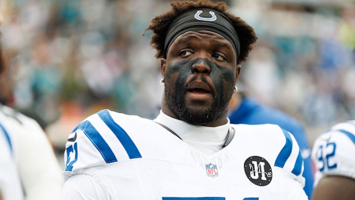 Dec 7, 2025; Jacksonville, Florida, USA; Indianapolis Colts defensive end Kwity Paye (51) looks on before a game against the Jacksonville Jaguars at EverBank Stadium. Mandatory Credit: Matt Pendleton-Imagn Images