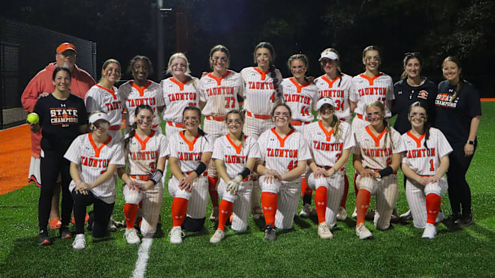 The 2025 Taunton High School varsity softball team, pictured following a Hockomock League game against King Philip on April 30, 2025.