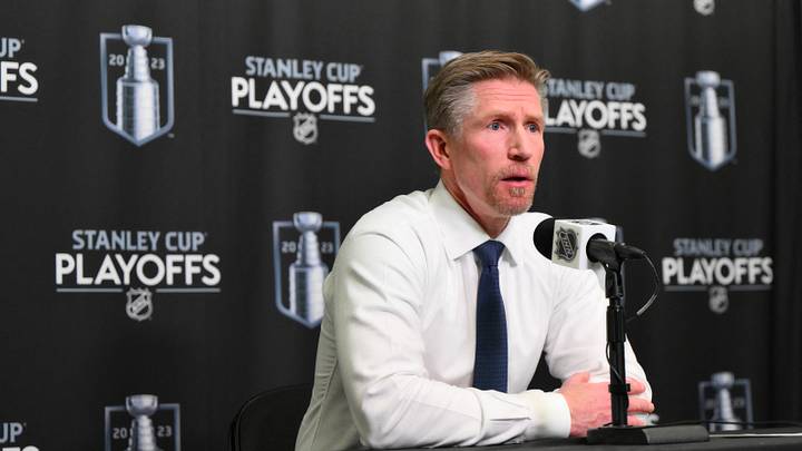 Apr 28, 2023; Seattle, Washington, USA; Seattle Kraken head coach David Hakstol speaks to the media after the game between the Seattle Kraken and the Colorado Avalanche in game six of the first round of the 2023 Stanely Cup Playoffs at Climate Pledge Arena. Mandatory Credit: Steven Bisig-USA TODAY Sports