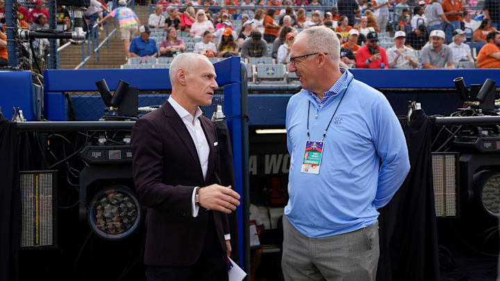 Big 12 commissioner is Brett Yormark, left, and SEC commissioner Greg Sankey talk before Game 1 of the Women's College World Series championship series between the Texas Longhorns at Texas Tech Red Raiders at Devon Park in Oklahoma City, Wednesday, June 4, 2025. Texas won 2-1. Big 12 commissioner is Brett Yormark, left, and SEC commissioner Greg Sankey talk before Game 1 of the Women's College World Series championship series between the Texas Longhorns at Texas Tech Red Raiders at Devon Park in Oklahoma City, Wednesday, June 4, 2025. Texas won 2-1.