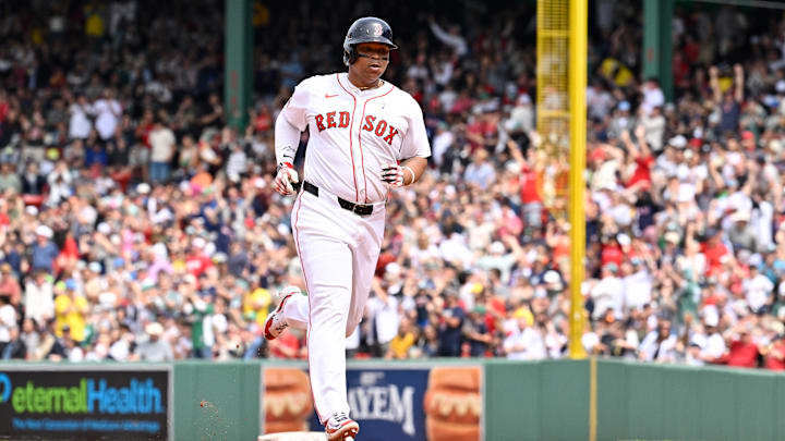 Jun 15, 2025; Boston, Massachusetts, USA; Boston Red Sox designated hitter Rafael Devers (11) runs the bases after hitting a one run home run against the New York Yankees during the fifth inning at Fenway Park. Mandatory Credit: Eric Canha-Imagn Images