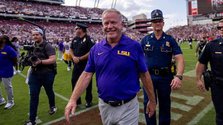 Sep 14, 2024; Columbia, South Carolina, USA; LSU Tigers head coach Brian Kelly smiles after defeating the South Carolina Gamecocks at Williams-Brice Stadium. Mandatory Credit: Scott Kinser-Imagn Images