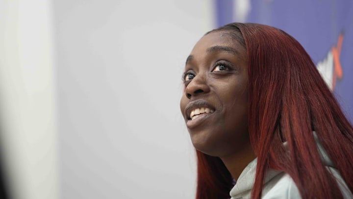 Kahleah Copper speaks to members of the media at Player 15 HQ in Phoenix on Sept. 26, 2024.