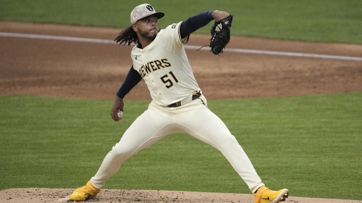 May 18, 2025; Milwaukee, Wisconsin, USA; Milwaukee Brewers pitcher Freddy Peralta (51) delivers a pitch in the third inning against the Minnesota Twins at American Family Field.